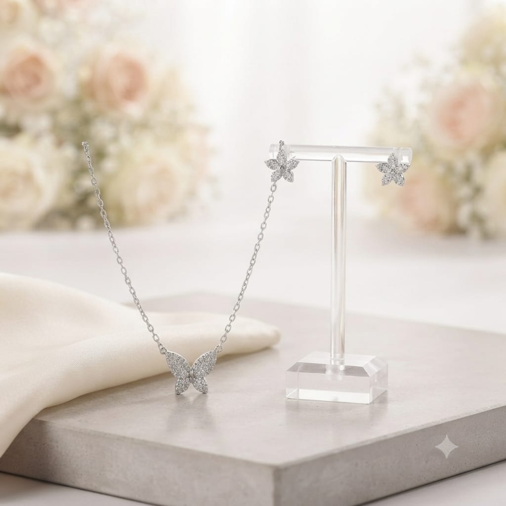 Elegant Butterfly Necklace & Earrings Set – Silver