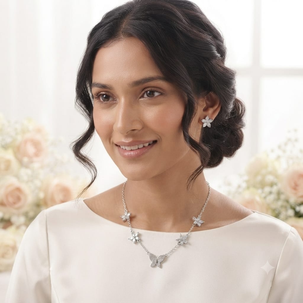 Elegant Butterfly Necklace & Earrings Set – Silver