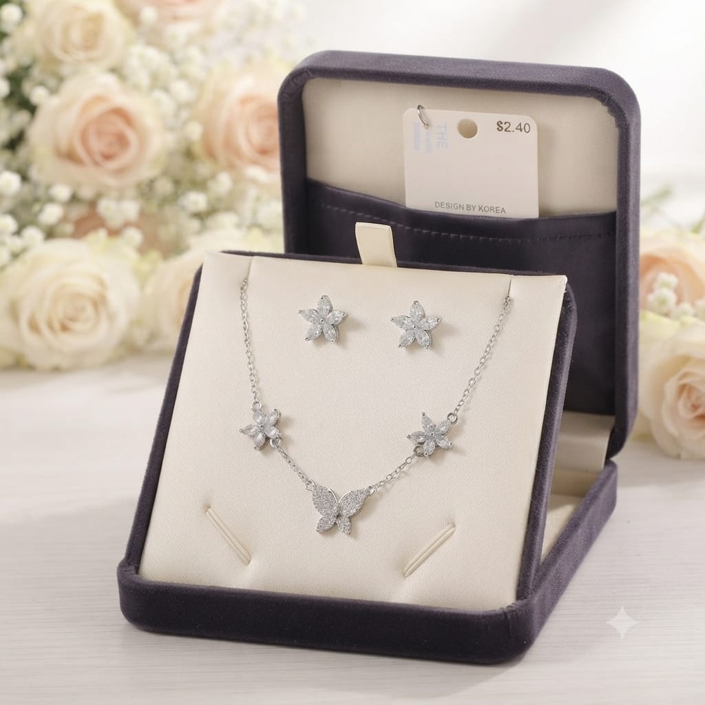 Elegant Butterfly Necklace & Earrings Set – Silver