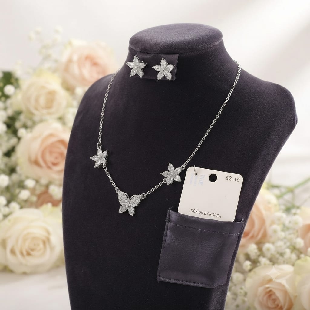 Elegant Butterfly Necklace & Earrings Set – Silver