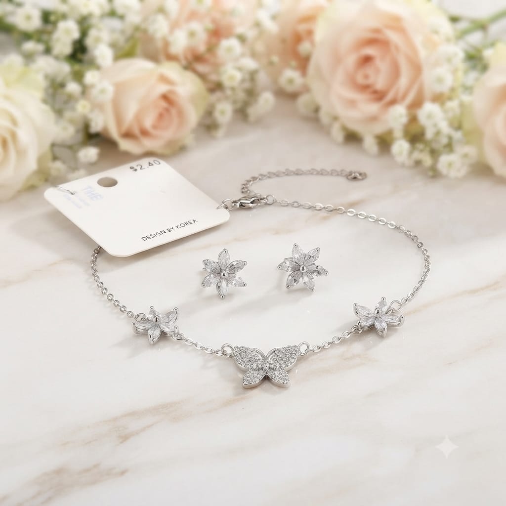 Elegant Butterfly Necklace & Earrings Set – Silver