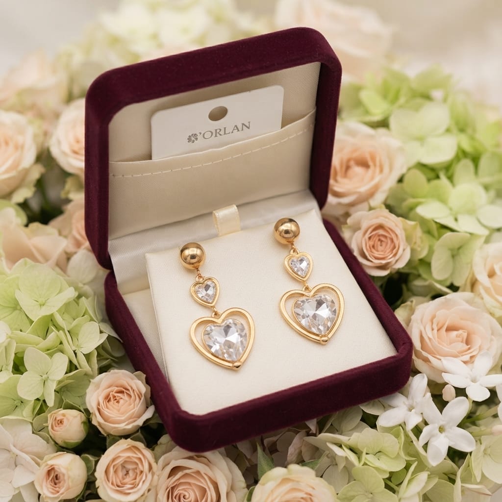 Elegant Heart Crystal Drop Earrings – Gold