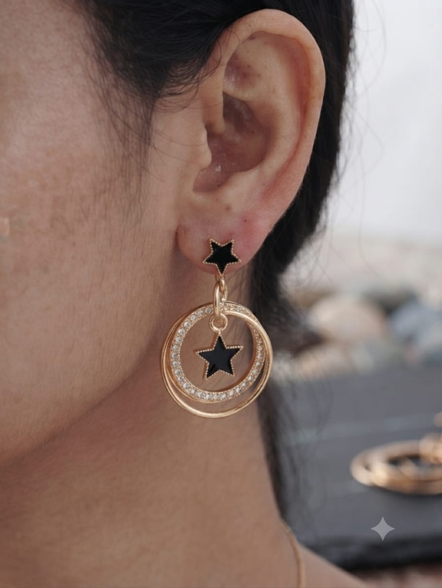 Elegant Black Star Circle Drop Earrings – Gold
