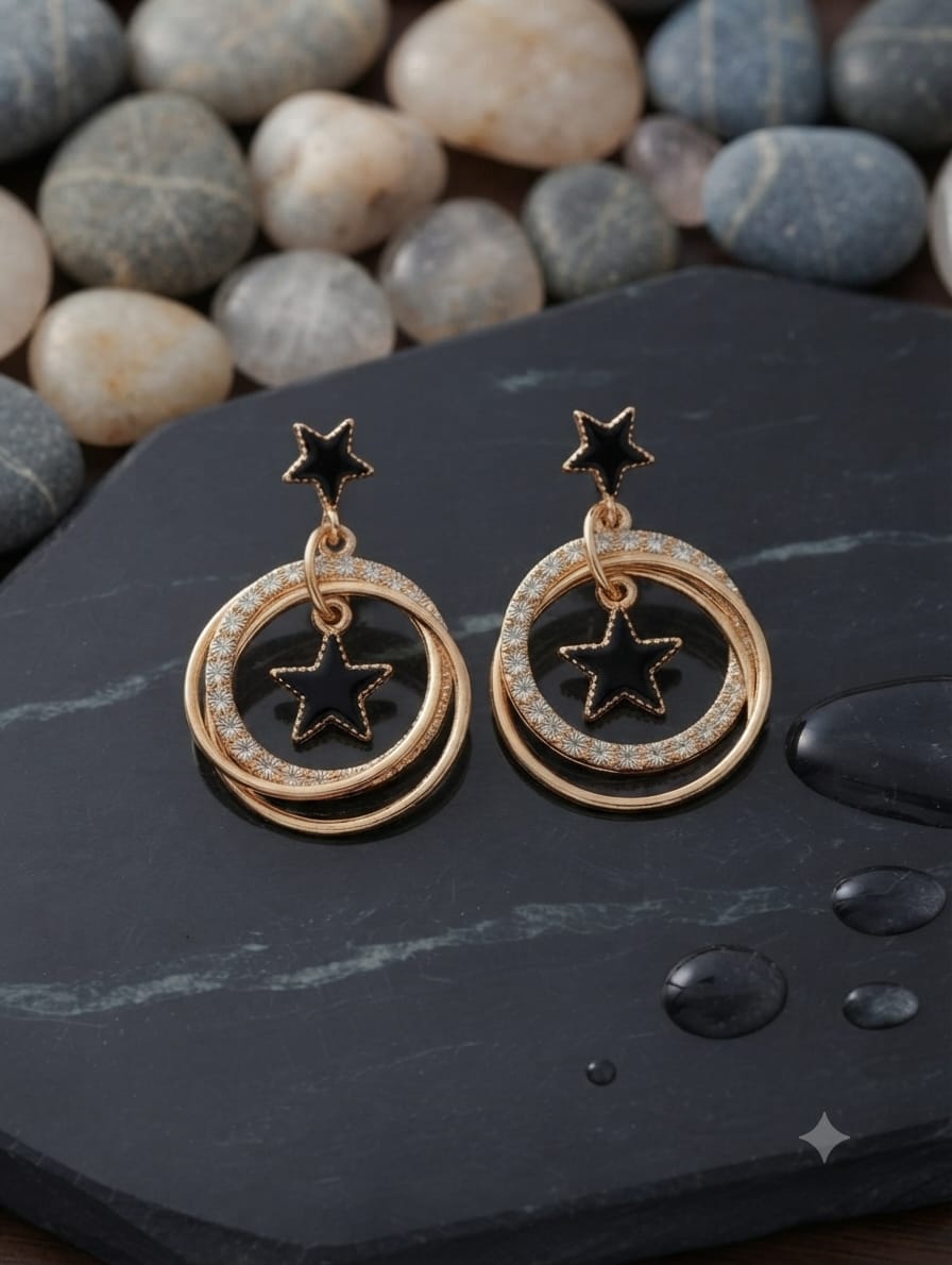Elegant Black Star Circle Drop Earrings – Gold