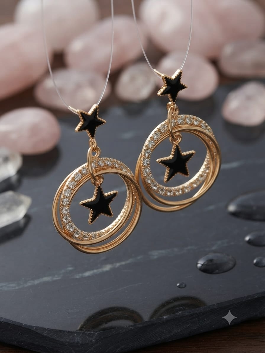 Elegant Black Star Circle Drop Earrings – Gold
