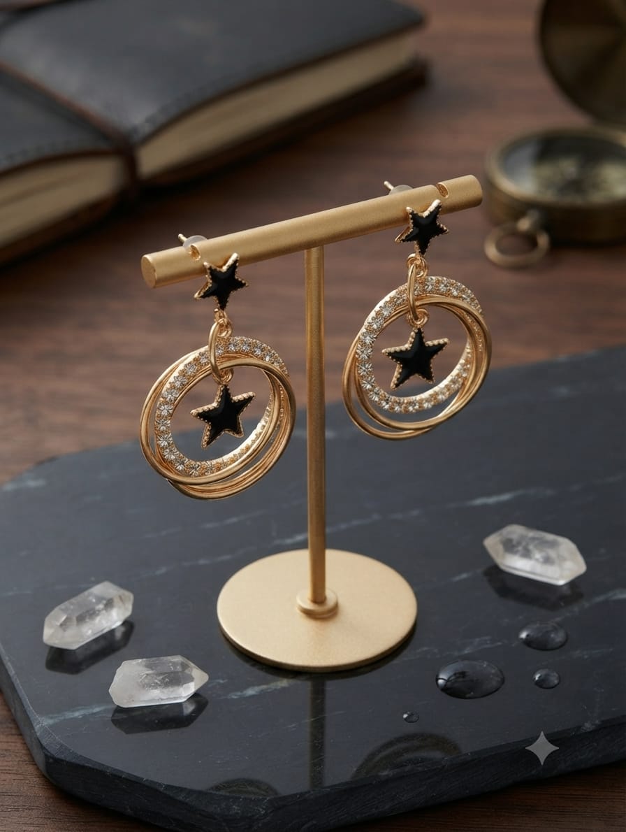 Elegant Black Star Circle Drop Earrings – Gold