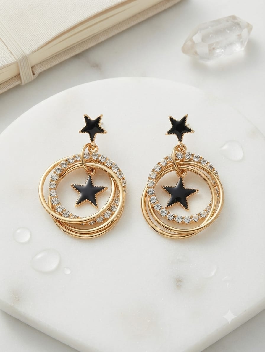 Elegant Black Star Circle Drop Earrings – Gold
