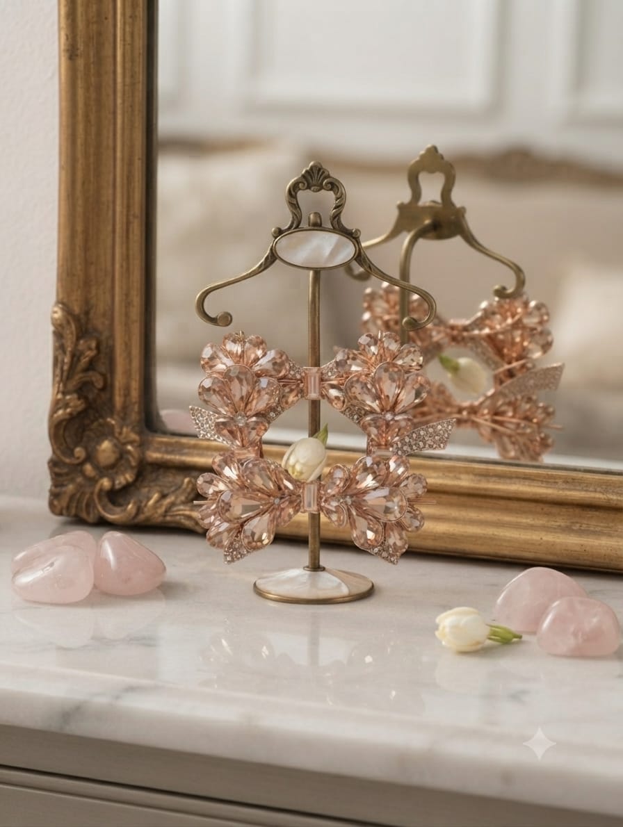 Luxury Crystal Bow Flower Statement Earrings – Rose Gold