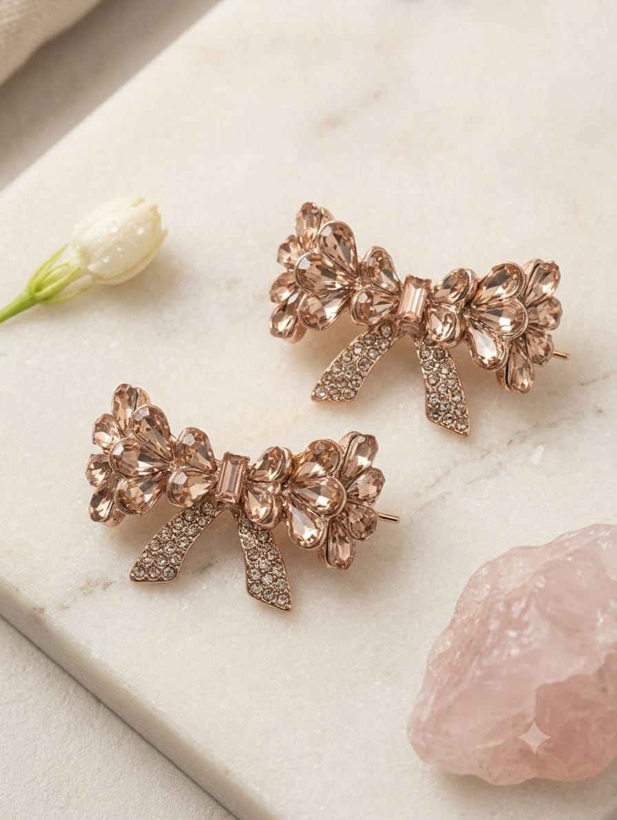 Luxury Crystal Bow Flower Statement Earrings – Rose Gold