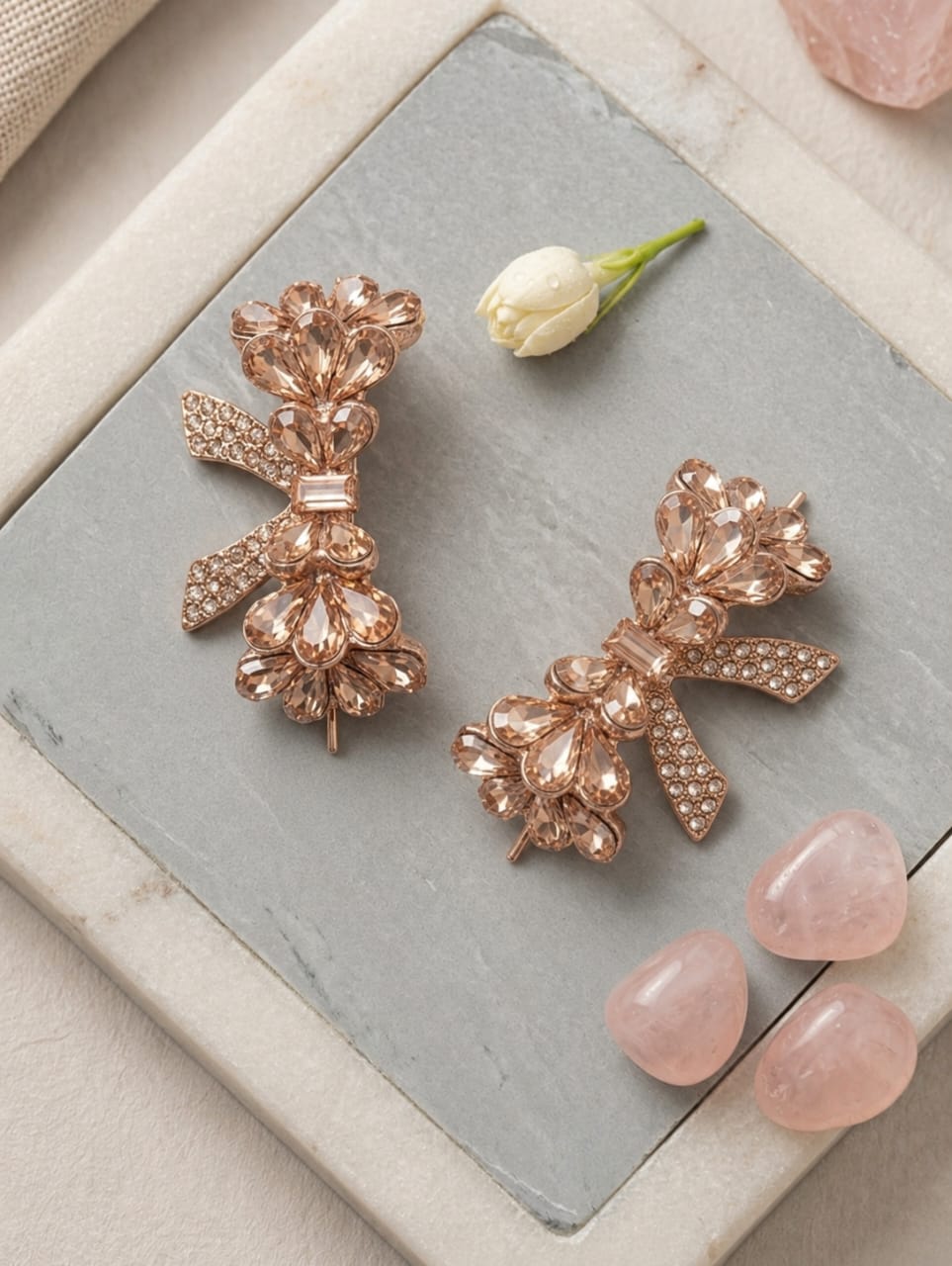 Luxury Crystal Bow Flower Statement Earrings – Rose Gold