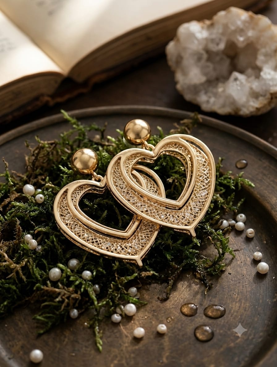 Elegant Double Heart Filigree Drop Earrings – Gold