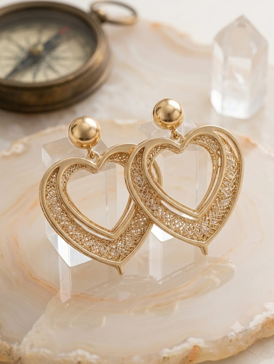Elegant Double Heart Filigree Drop Earrings – Gold