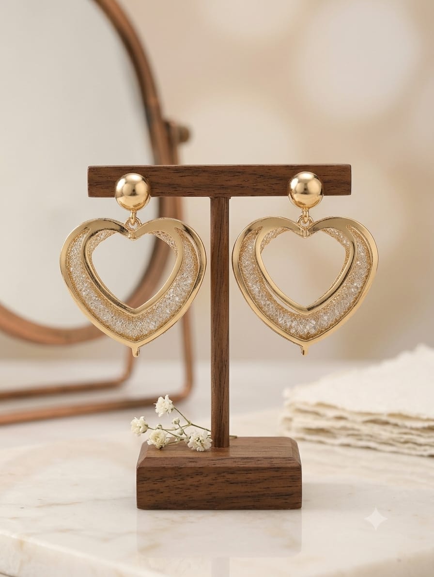 Elegant Double Heart Filigree Drop Earrings – Gold