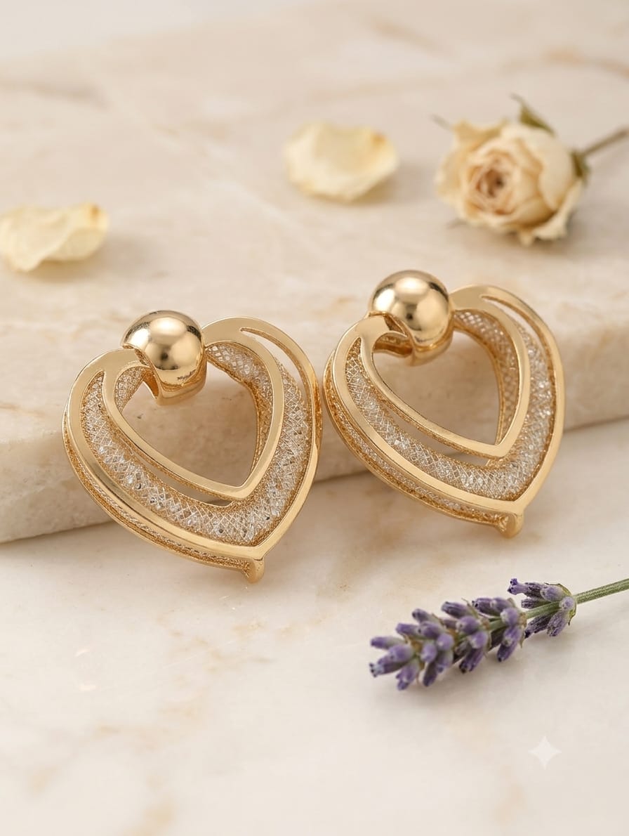 Elegant Double Heart Filigree Drop Earrings – Gold