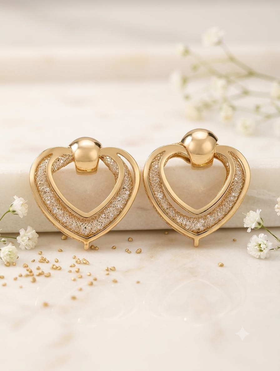 Elegant Double Heart Filigree Drop Earrings – Gold