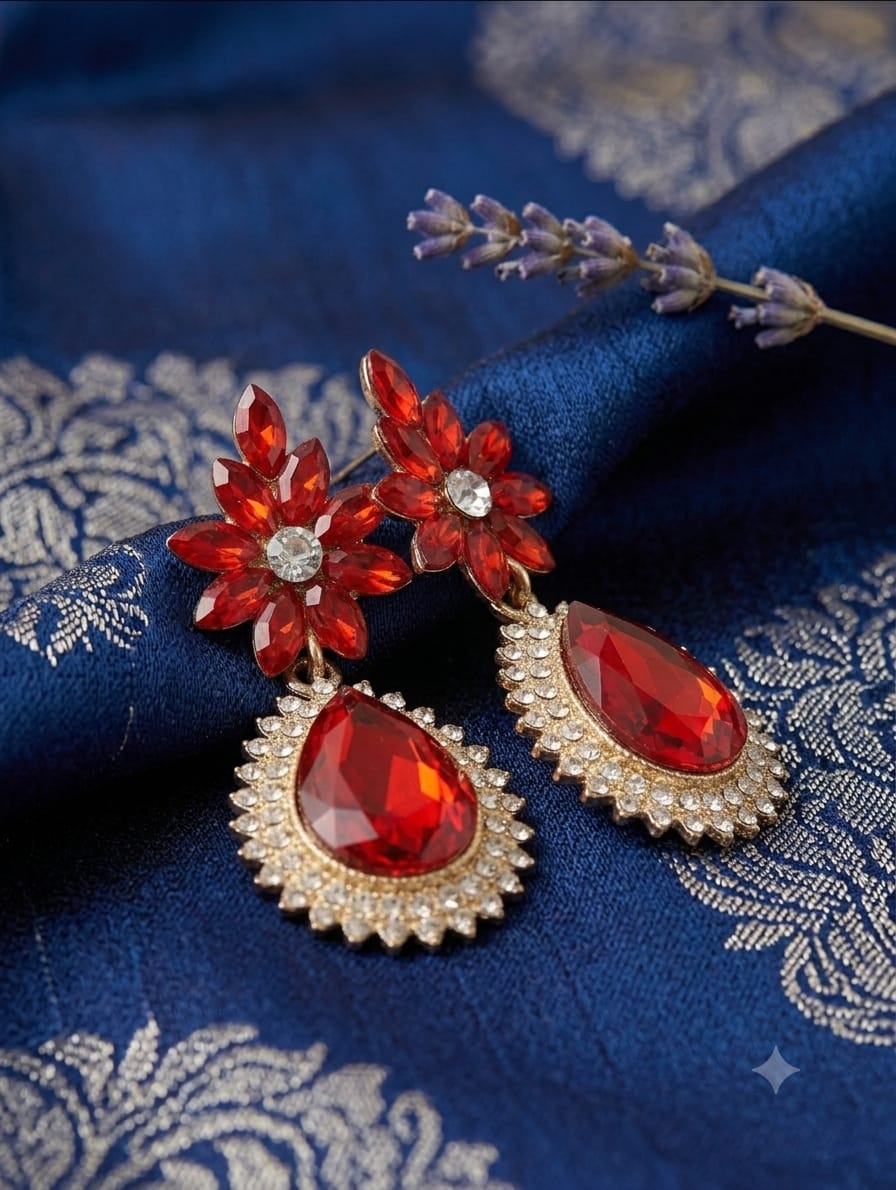 Red Crystal Floral Teardrop Drop Earrings – Gold