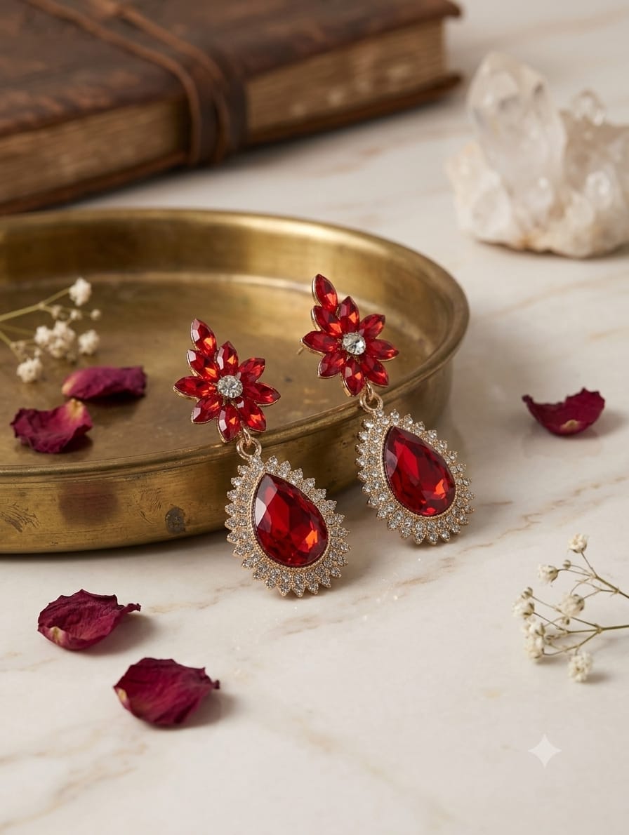 Red Crystal Floral Teardrop Drop Earrings – Gold