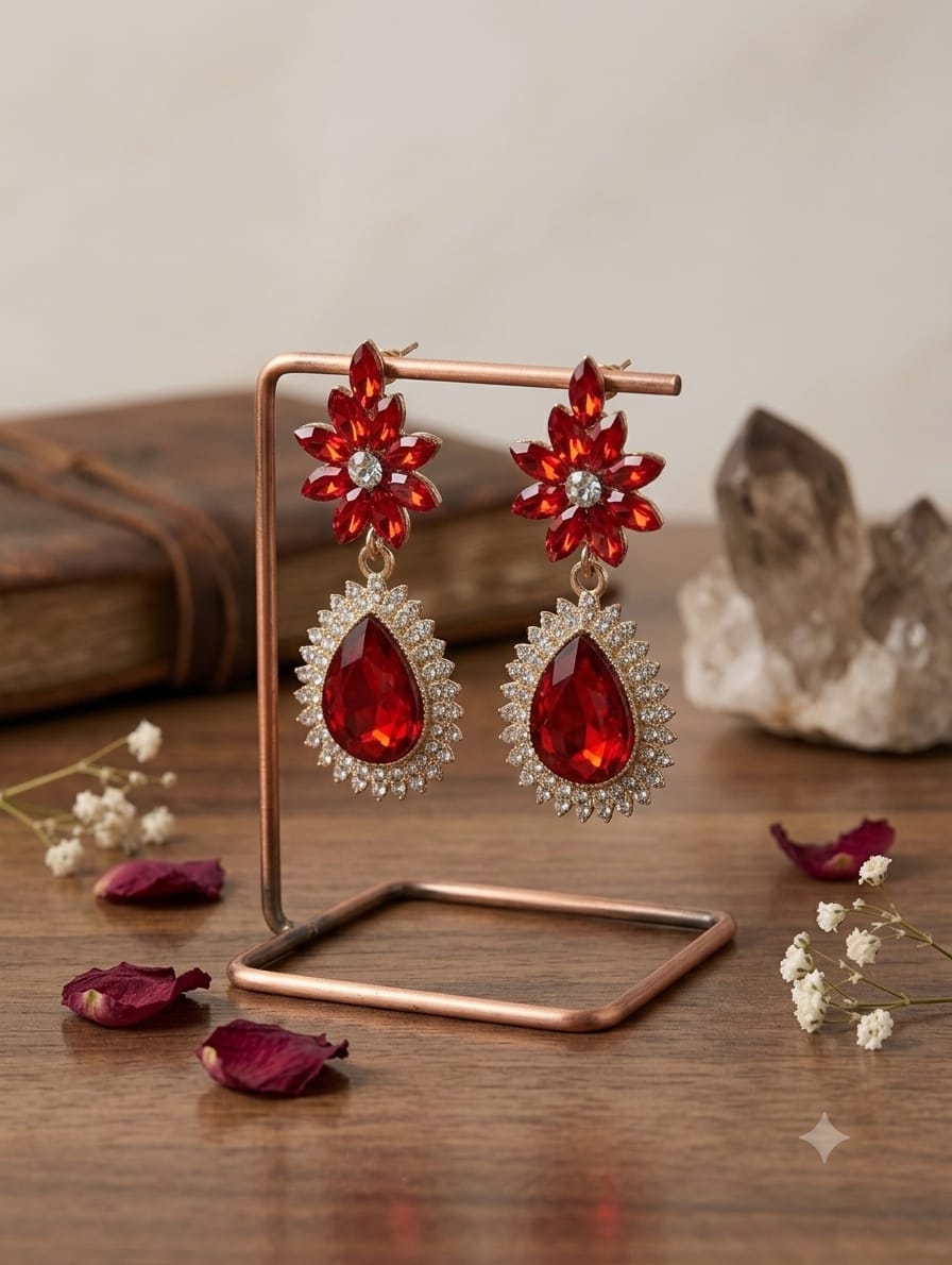 Red Crystal Floral Teardrop Drop Earrings – Gold