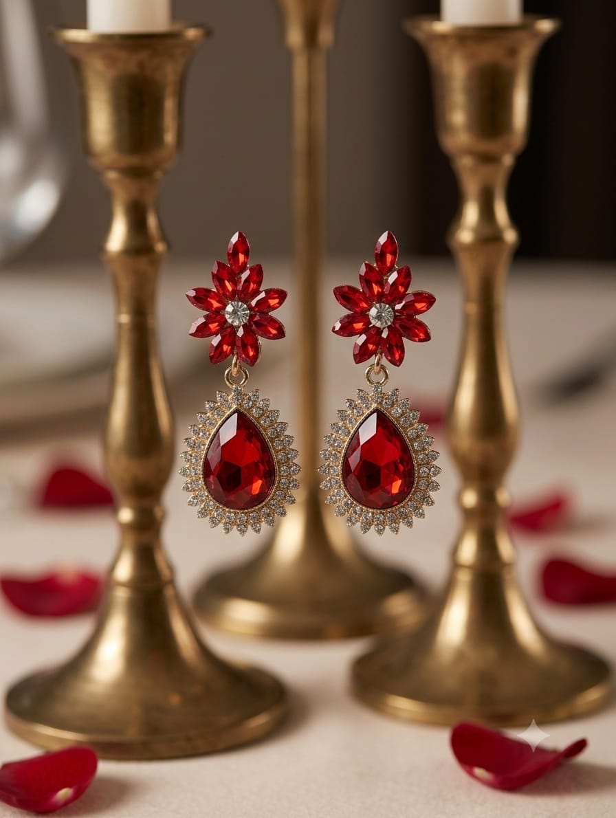 Red Crystal Floral Teardrop Drop Earrings – Gold