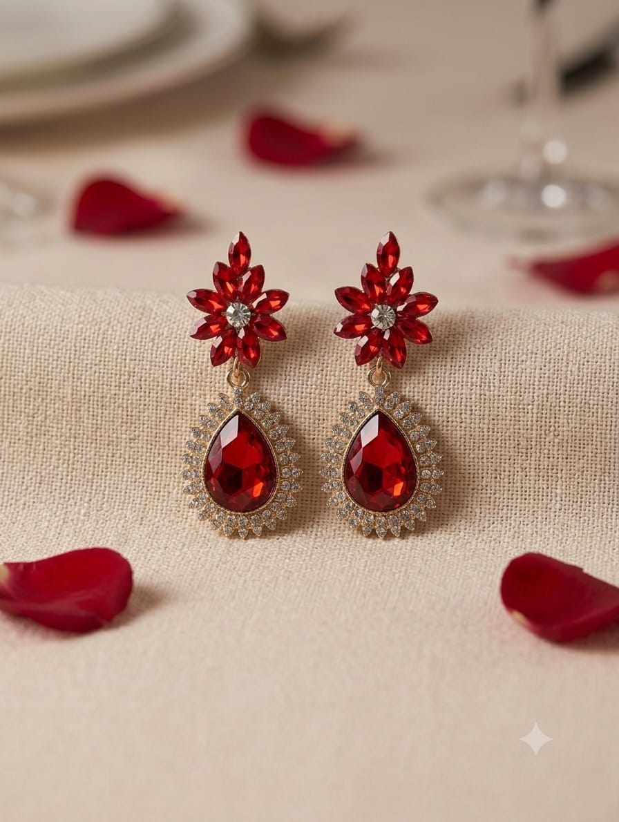 Red Crystal Floral Teardrop Drop Earrings – Gold
