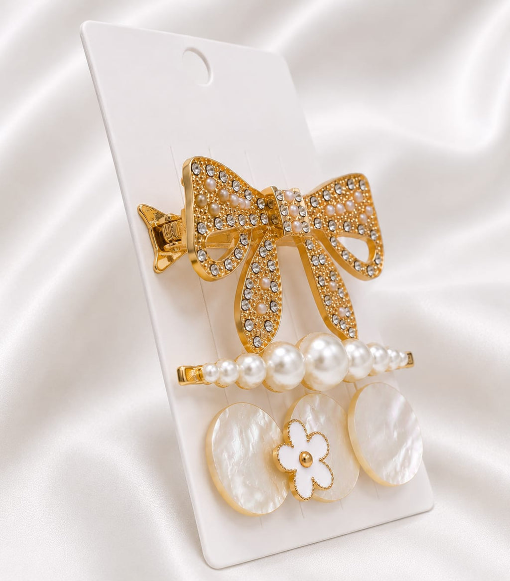 Luxury Pearl Bow Hair Clip Set For Women (3 Pieces)